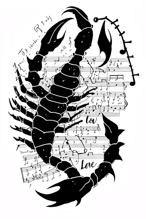 A tattoo design featuring a silhouette of a scorpio constellation intertwined with music notes and lyrics that represent deep connections and love tattoo design idea