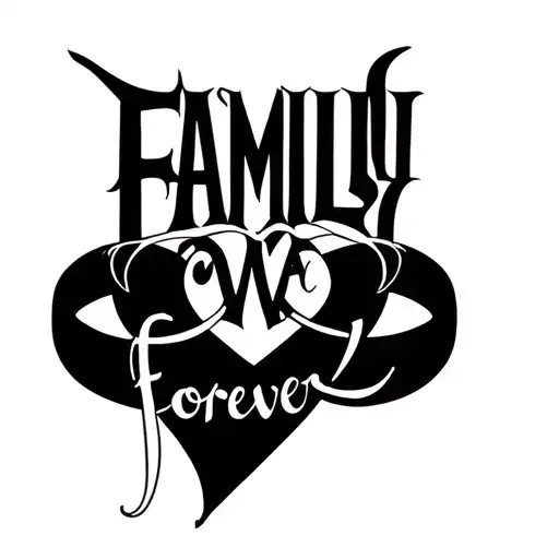 black and white ambigram that says family one way and forever the other. With a infinity ring around it tattoo design idea