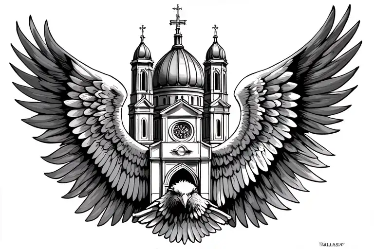 st. basils chathedral in the centre with an eagle soaring full wings spread oh the top right side of the chest tattoo design idea