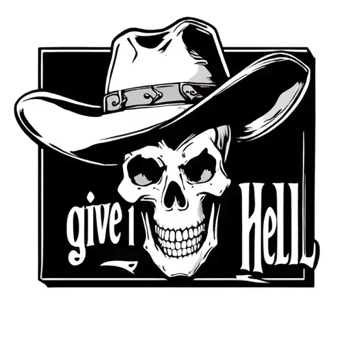a cartoon style skull with a cow boy hat with the word above it in a black box saying "give it hell"  tattoo design idea