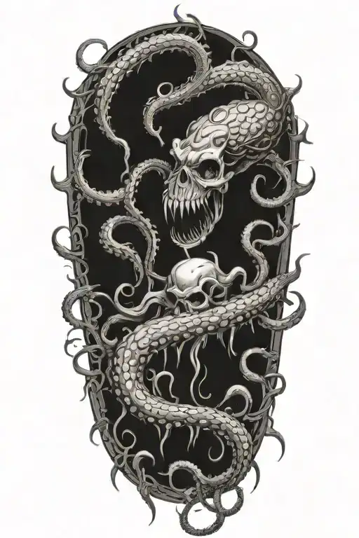 A black and grey tattoo of a malevolent kraken overtaking a skull with its massive tentacles  tattoo design idea