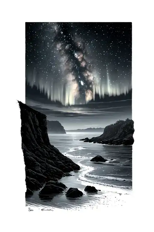 milky way and northern lights at night above sea, cliffs, calm sea, rocks and beach, reflect on sea tattoo design idea