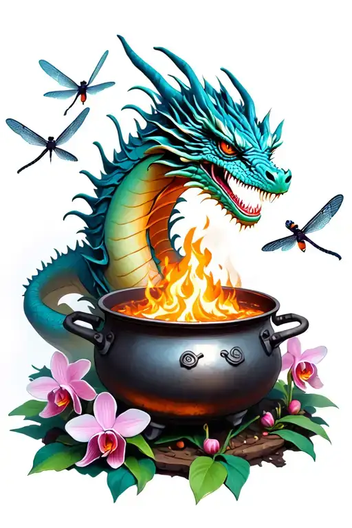 Dragon breathing fire onto a giant cooking pot surrounded by dragonflies with orchids tattoo design idea