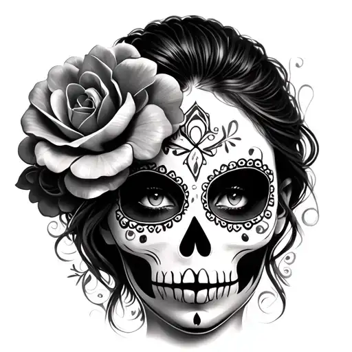 lady face painted with sugar skull with cancer ribbon tattoo design idea