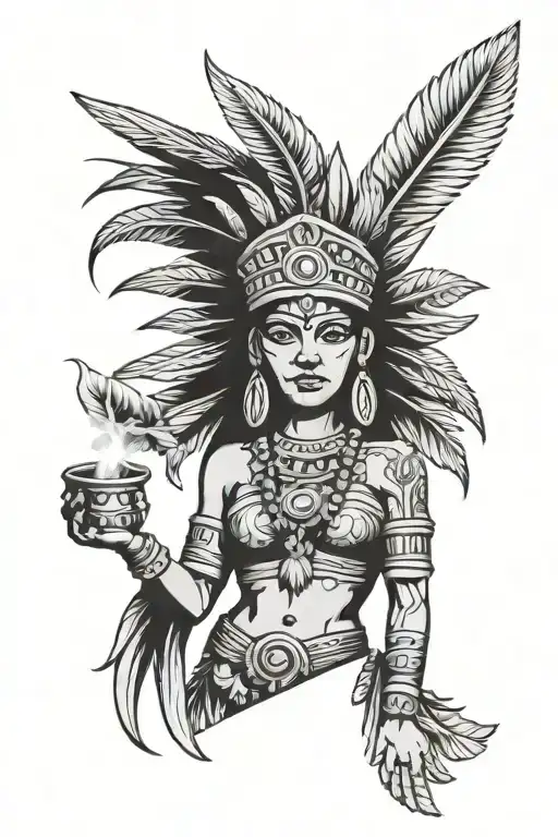Aztec godess with pot leaf headdress tattoo design idea