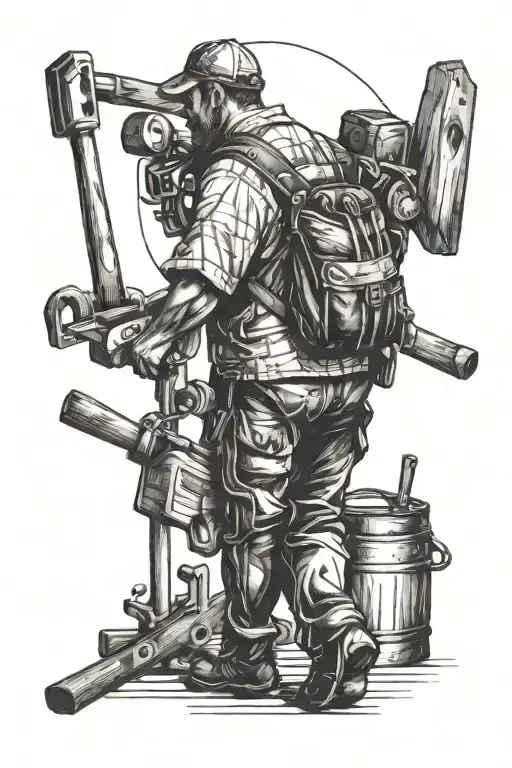 father walking with carpentry tools background black and white tattoo design idea