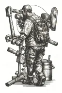 father walking with carpentry tools background black and white tattoo design idea