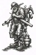 father walking with carpentry tools background black and white tattoo design idea