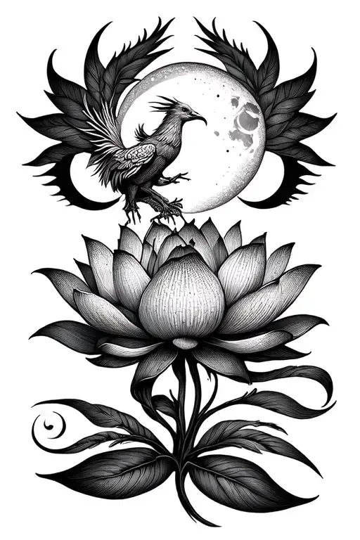 lotus flower with phoenix and moon phases tattoo design idea
