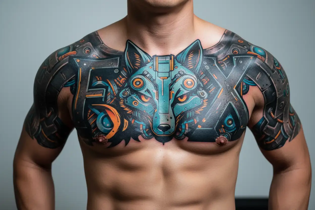 "Fox Box" "Fox Box" "Fox Box" Words "Fox Box". Mechanical Fox head made out of  battery elements. tattoo design idea