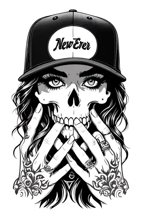 Chicano woman light eyes NewEra cap 94 flipped Nadir skull hands teardrop smoke fade wrist Breezy_Nadir on fingers tattoo design idea
