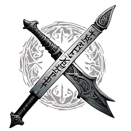 A tattoo of a battle-worn sword like Guts' from Berserk, with runes Tiwaz (ᛏ) and Othal (ᛟ) on the blade. The hilt featu tattoo design idea