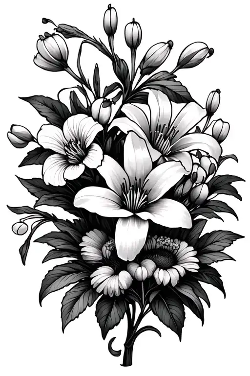 Shop drop, jonquil, sweet pea, Lilly of the valley, aster, peony, red clematis. Black and gray with a little color tattoo design idea