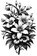 Shop drop, jonquil, sweet pea, Lilly of the valley, aster, peony, red clematis. Black and gray with a little color tattoo design idea
