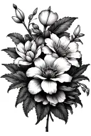 Shop drop, jonquil, sweet pea, Lilly of the valley, aster, peony, red clematis. Black and gray with a little color tattoo design idea