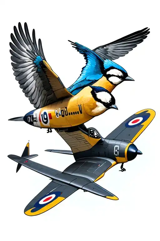 spitfire plane and blue tit bird flying together  tattoo design idea