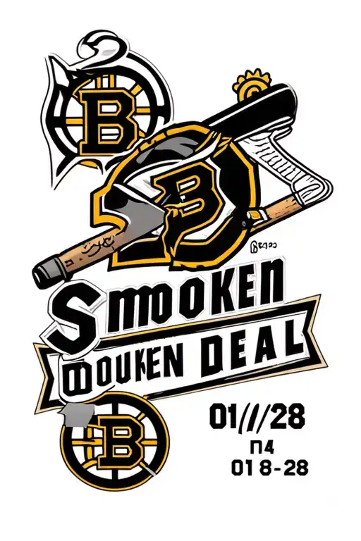 Bruins logo and "Smoken Deal" Date 01/28 / 64-08 / 01/1/2/25 tattoo design idea