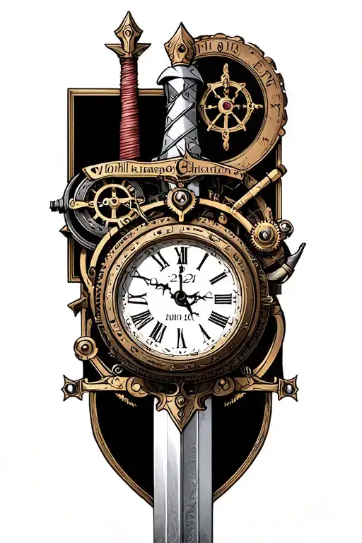steampunk clock with a knight's templar sword behind it with the dates 11/01/20 and 24/06/20 tattoo design idea