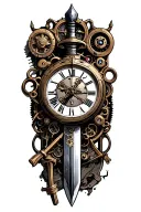 steampunk clock with a knight's templar sword behind it with the dates 11/01/20 and 24/06/20 tattoo design idea