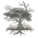 DNA double helix in the shape of a half dead half alive tree   tattoo design idea