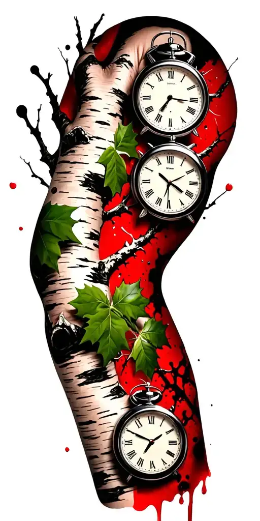 birch branches with hunter green leaves with only three clocks integrated into it for an arm sleeve tattoo design idea