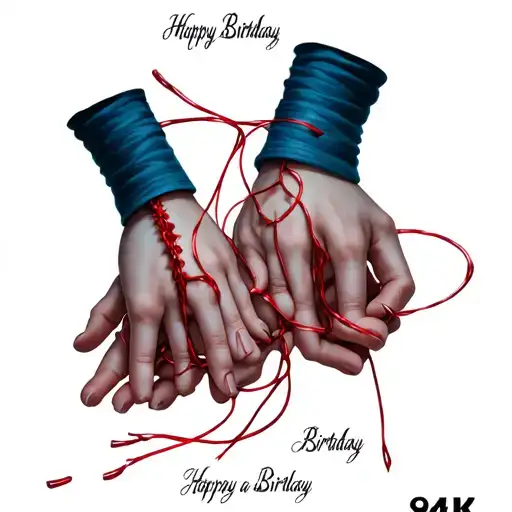 hands of a mother with 3 red strings connected with each other with their name and birthday  tattoo design idea