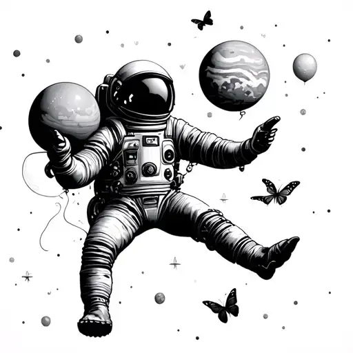 astronaut floating in space with planets as balloons holding the on left hand. 3 butterflies approach him tattoo design idea