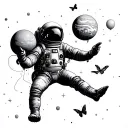 astronaut floating in space with planets as balloons holding the on left hand. 3 butterflies approach him tattoo design idea