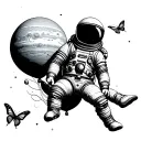 astronaut floating in space with planets as balloons holding the on left hand. 3 butterflies approach him tattoo design idea