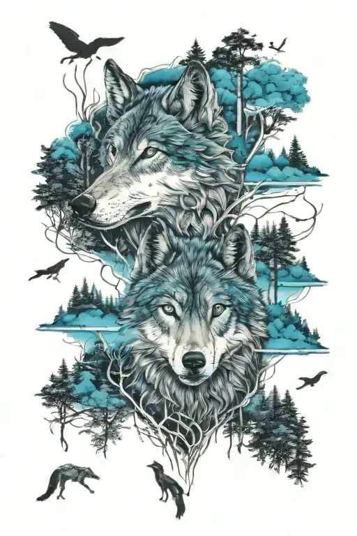 wolf in blue eyes howling forest scene tattoo design idea