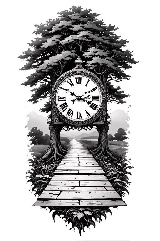 tree with clock face pathway leading towards tattoo design idea