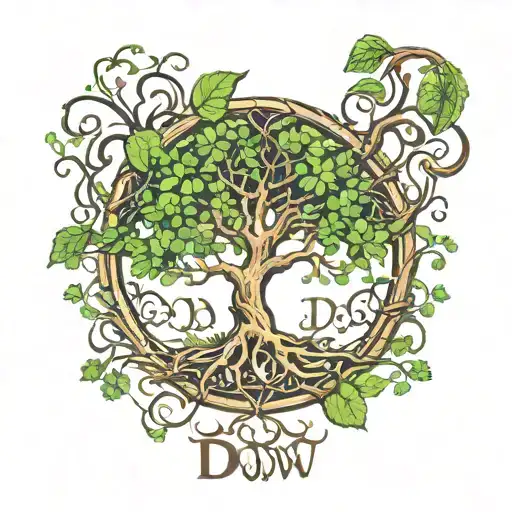 clover tree of life with hidden initials "D W" in branches tattoo design idea