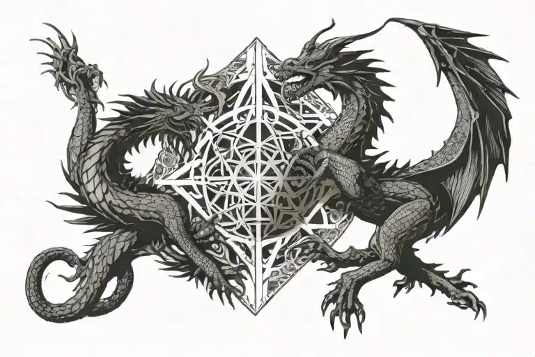  two dragons on two different sides of the chest in the center a throne with a king holding in his hand trident tattoo design idea
