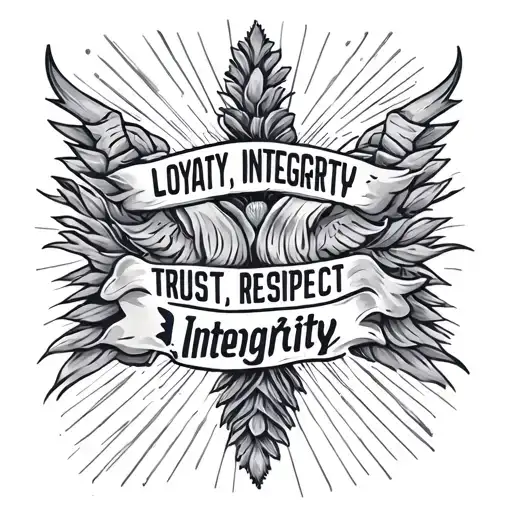 "Loyalty, integrity, trust, respect, humility, integrity" vertical writing tattoo design idea