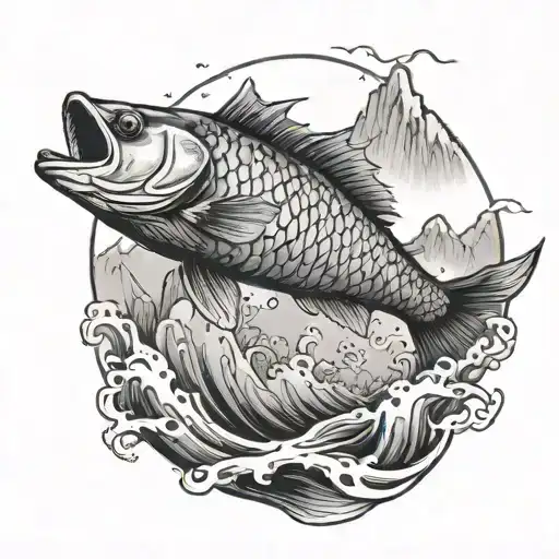 A realistic black and grey tattoo of a detailed fish jumping out of the water, with a mountain landscape in the background tattoo design idea