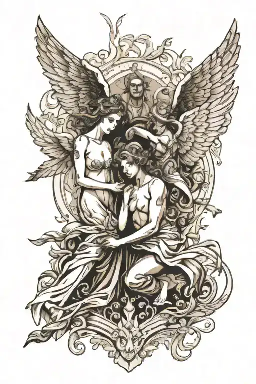 Angels in sepia above, with striking faces, pierce demons below tattoo design idea