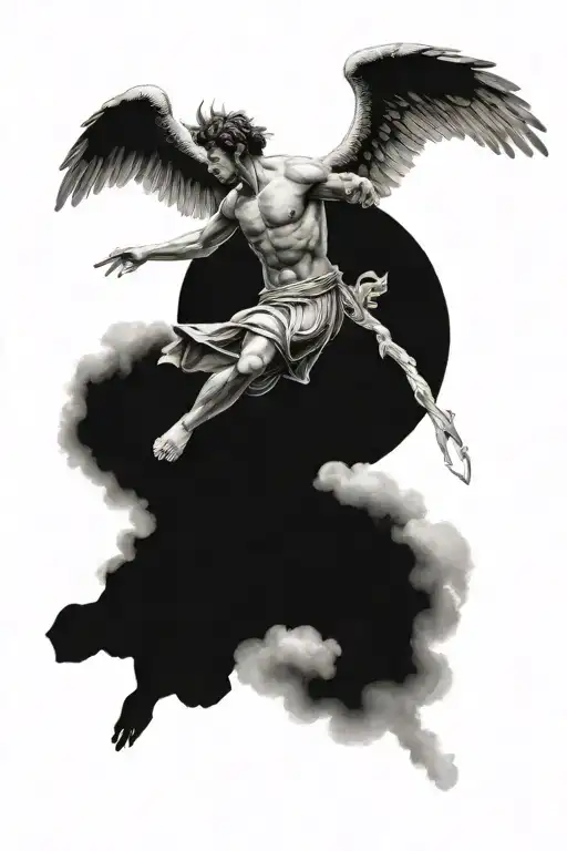 icarus falling from sky with greek gods looking down upon him. left arm sleeve tattoo design idea