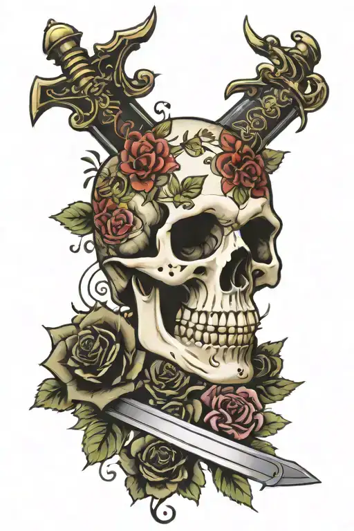 skull and roses and sword made tattoo design idea
