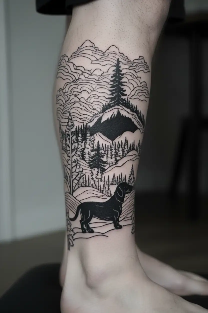 dachshund in woods and mountains tattoo design idea