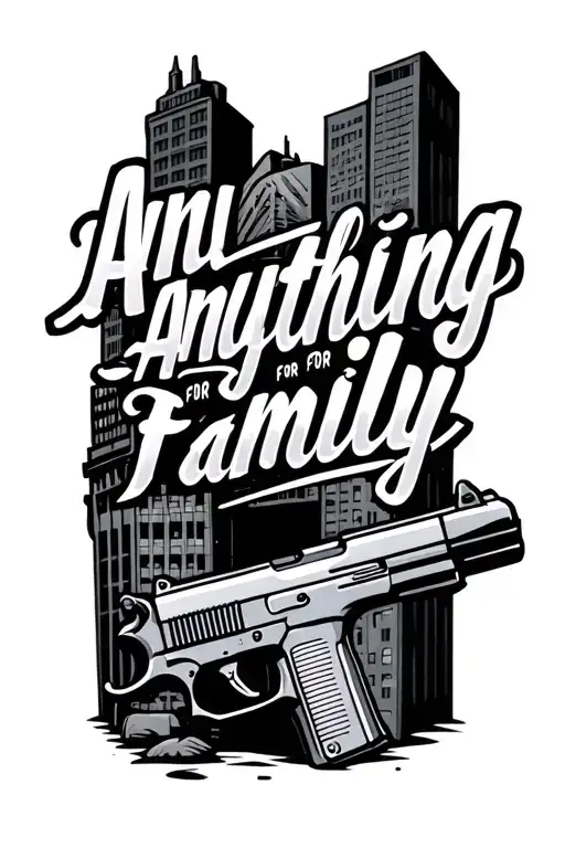 quarter of forearm mob style buildings with the word anything for family  and gun super high quality  tattoo design idea