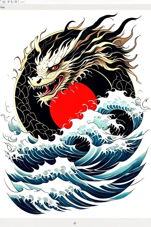 Draw a Japanese-style tattoo on your forearm. In the center there is a dragon, waves and a red circle and make sure there are no gaps tattoo design idea