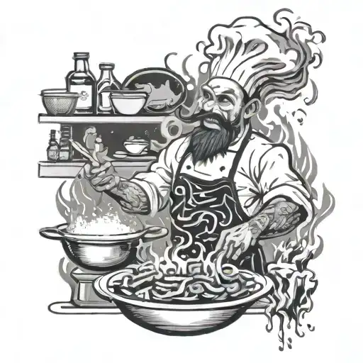 A tattoo of a demonic chef cooking up a storm in a hellish kitchen, with horror movie posters as wallpaper and music notes as flames tattoo design idea