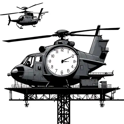 Water, Helicopter, clock at 5:00, DD, oil platform, Let Them Talk tattoo design idea