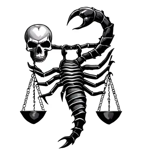 Scorpio sign holding scale with tail. scale has skull on one side and heart on other side  tattoo design idea