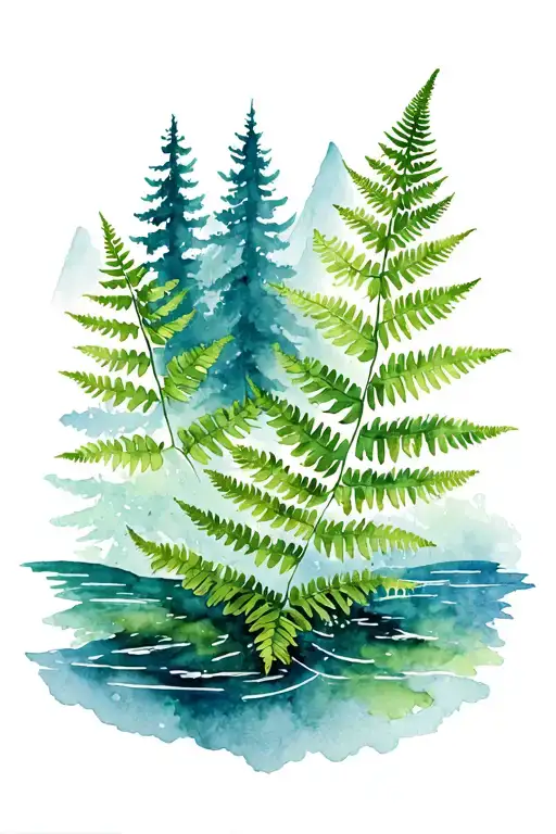 ferns trees water mountains tattoo design idea