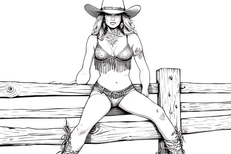 Sexy cowgirl pin-up in neo-traditional style, seated on a thick wooden fence. She wears a fringed crop top t tattoo design idea
