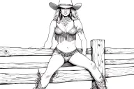 Sexy cowgirl pin-up in neo-traditional style, seated on a thick wooden fence. She wears a fringed crop top t tattoo design idea