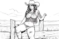 Sexy cowgirl pin-up in neo-traditional style, seated on a thick wooden fence. She wears a fringed crop top t tattoo design idea
