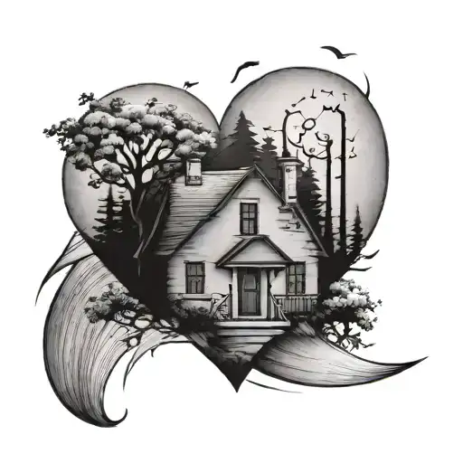 A minimalist black and grey tattoo of a heart with a subtle silhouette of a house inside, representing Ashwin Geetha's love for her family and home tattoo design idea