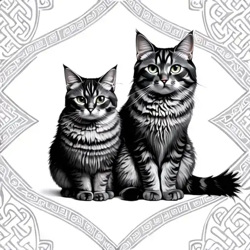Grey russian Blue smooth fur cat sitting next to tabby patterned grey maine coon cat on a celtic patterned background tattoo design idea